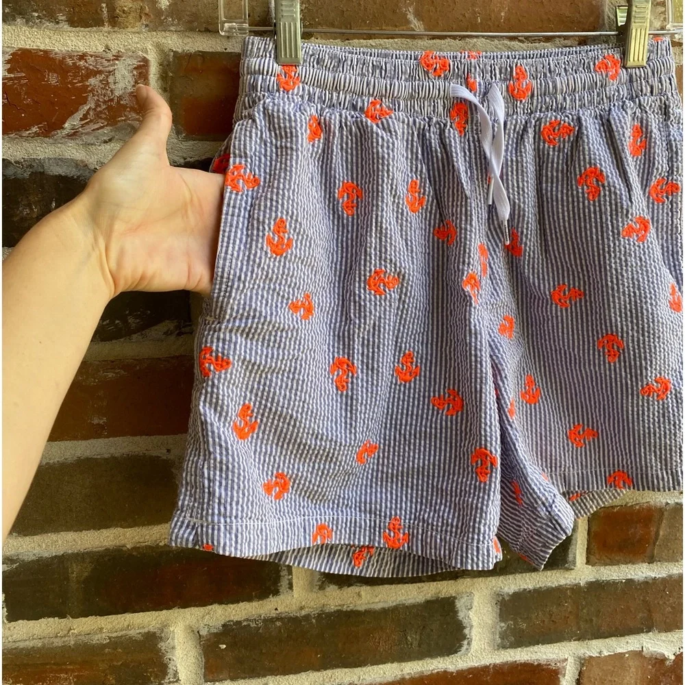 Chubbies Blue Seersucker 5.5” Inseam Swim Trunks with Orange Anchors, Size Small
